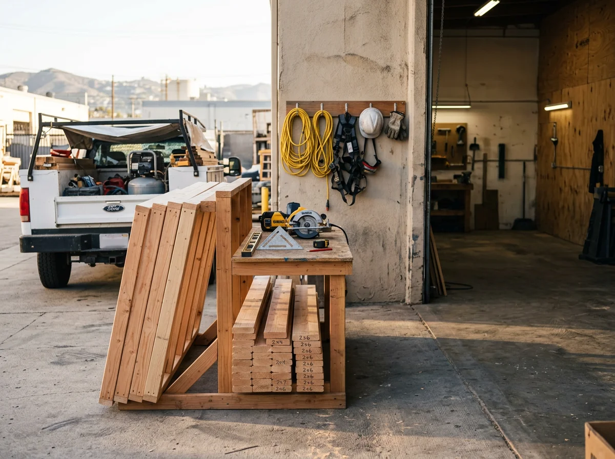 Construction site with framing, tools, and materials ready for building work.