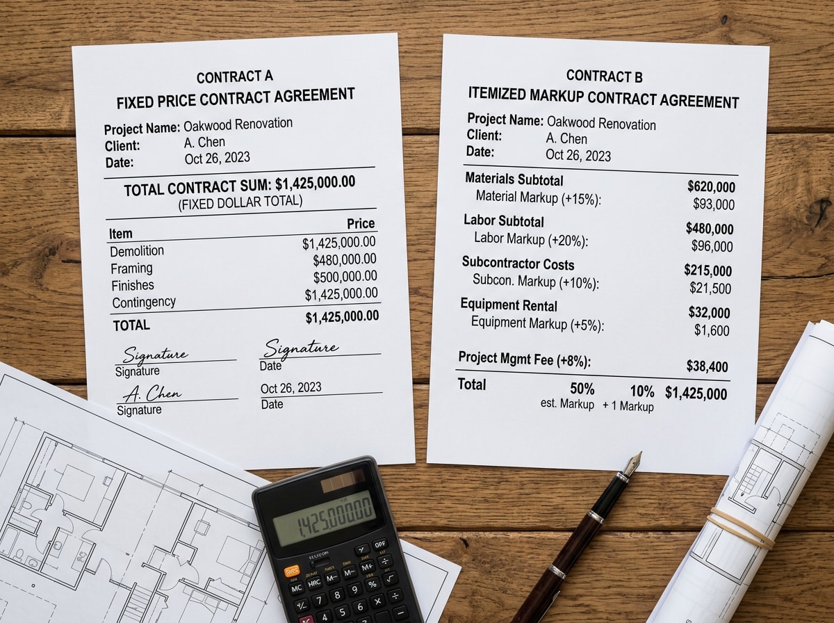 Comparison graphic showing fixed-price builder contracts versus percentage-based general contractor markup