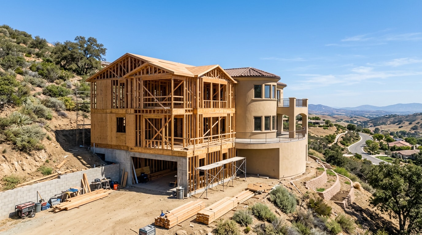 Custom home under construction on a hillside lot in Ventura County Custom home under construction on a hillside lot in Ventura County