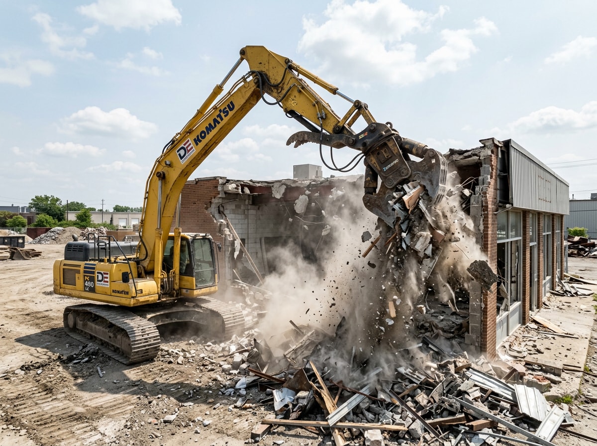 Excavator tearing down a commercial building during an active demolition project in Orange County, CA