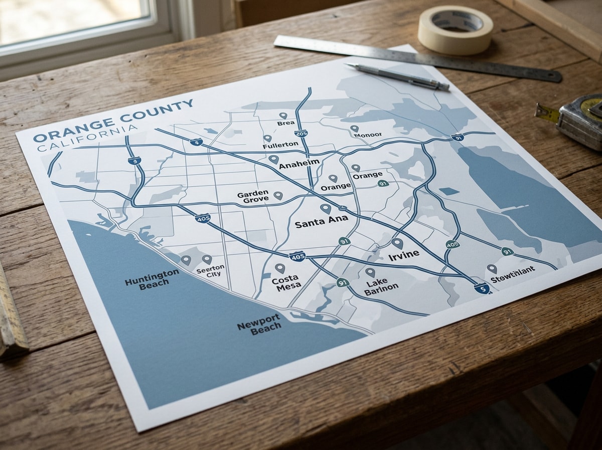 Map graphic showing Orange County cities covered by local demolition services
