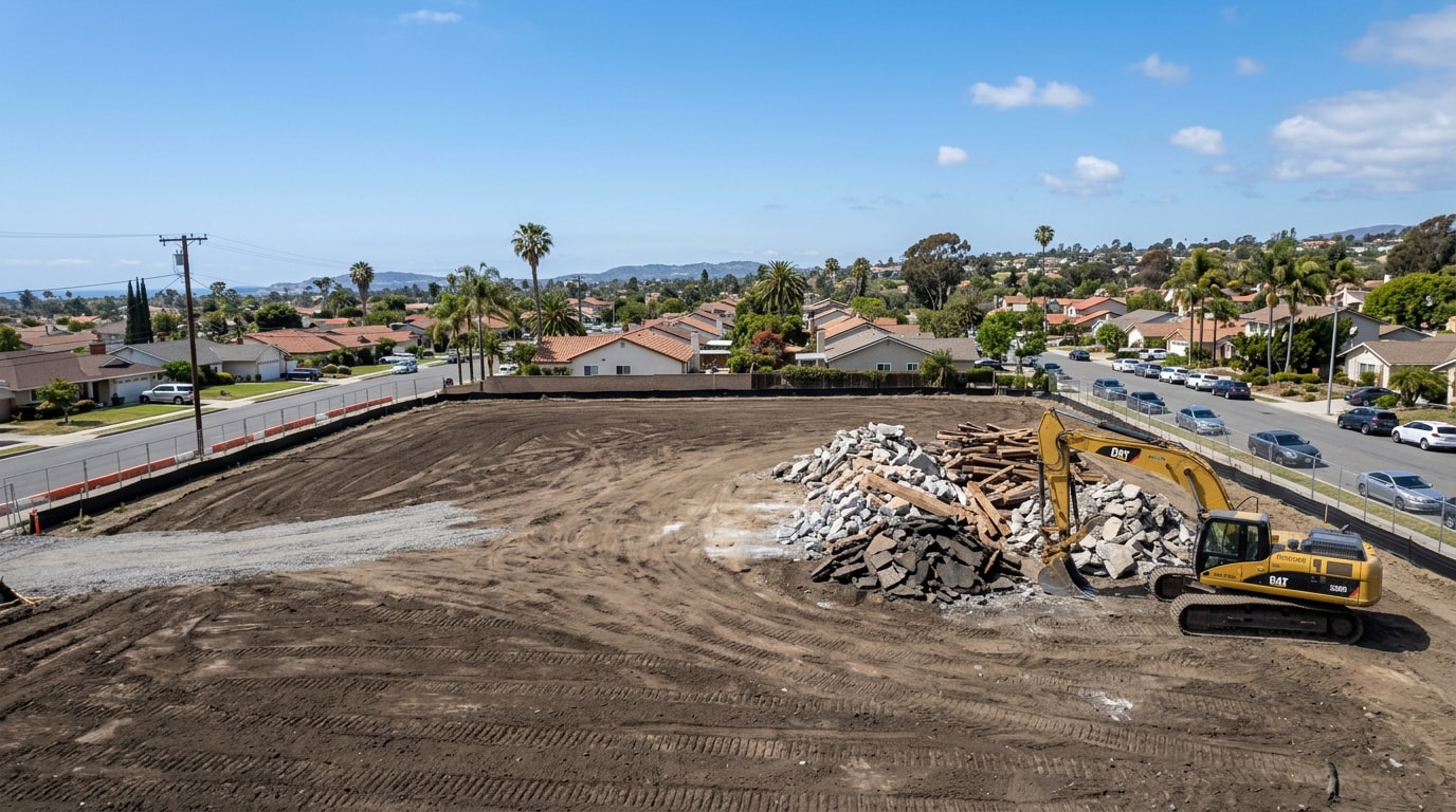 Cleared and graded demolition site in Orange County, CA with excavator and sorted debris piles Cleared and graded demolition site in Orange County, CA with excavator and sorted debris piles