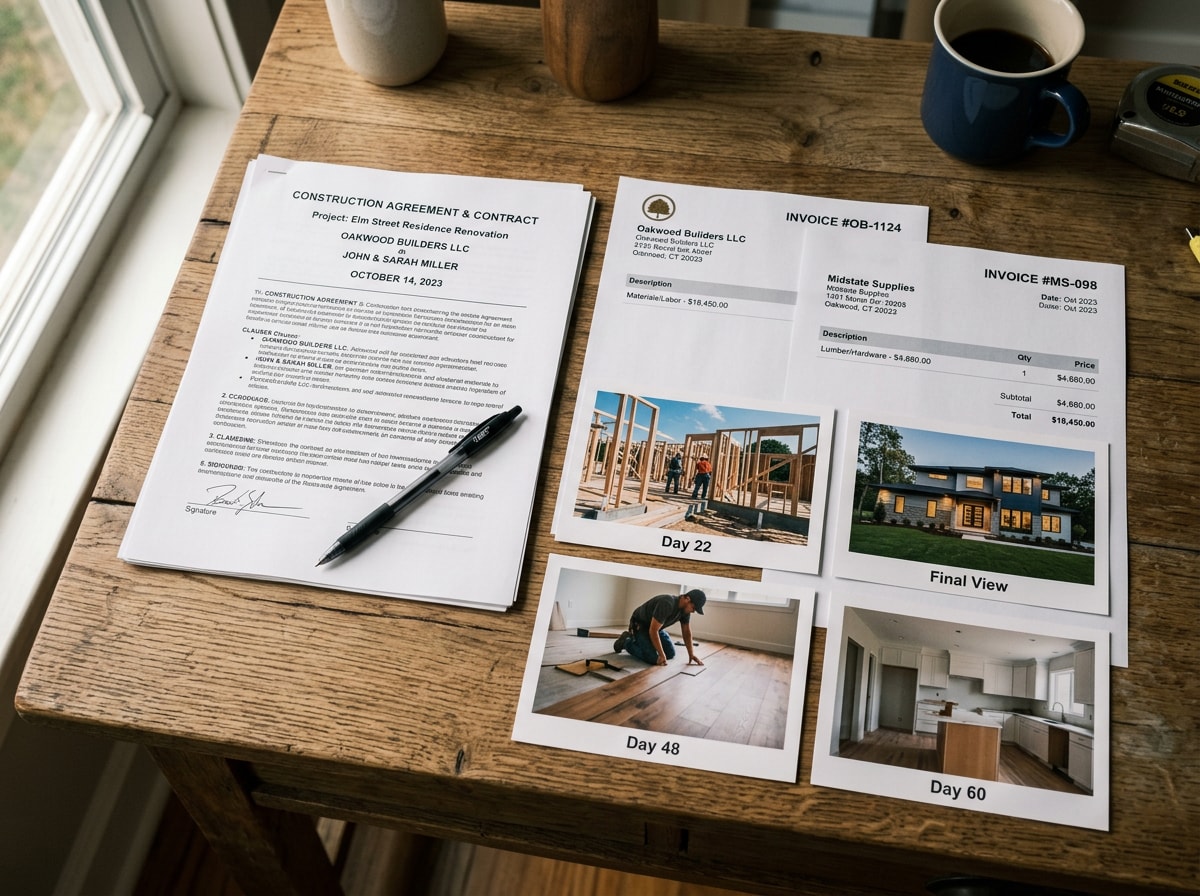 Organized contractor dispute file with a signed contract, invoices, and printed project photos laid out on a desk