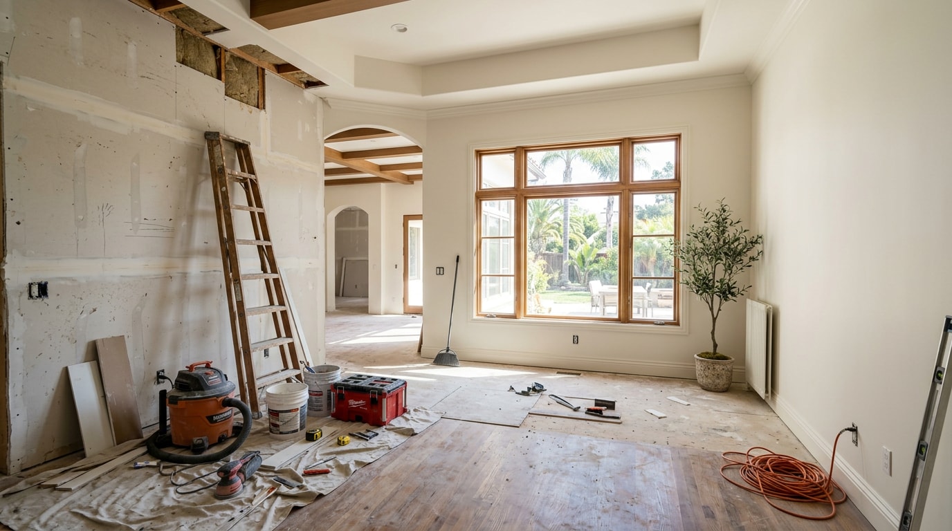 Partially completed home renovation showing unfinished drywall next to finished wall, representing a stalled Glendale contractor project