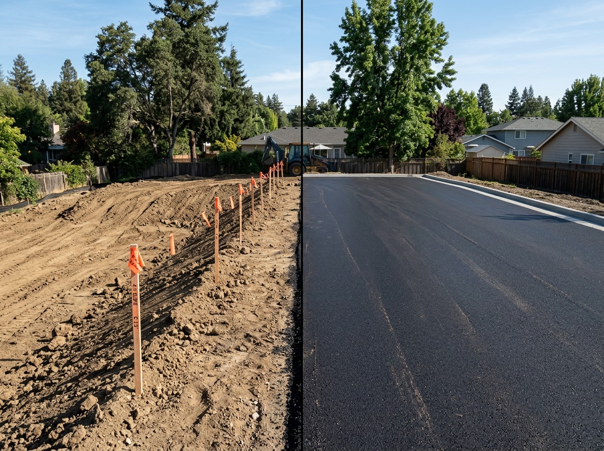 Before and after photo of a Los Angeles County lot being graded and then paved with asphalt