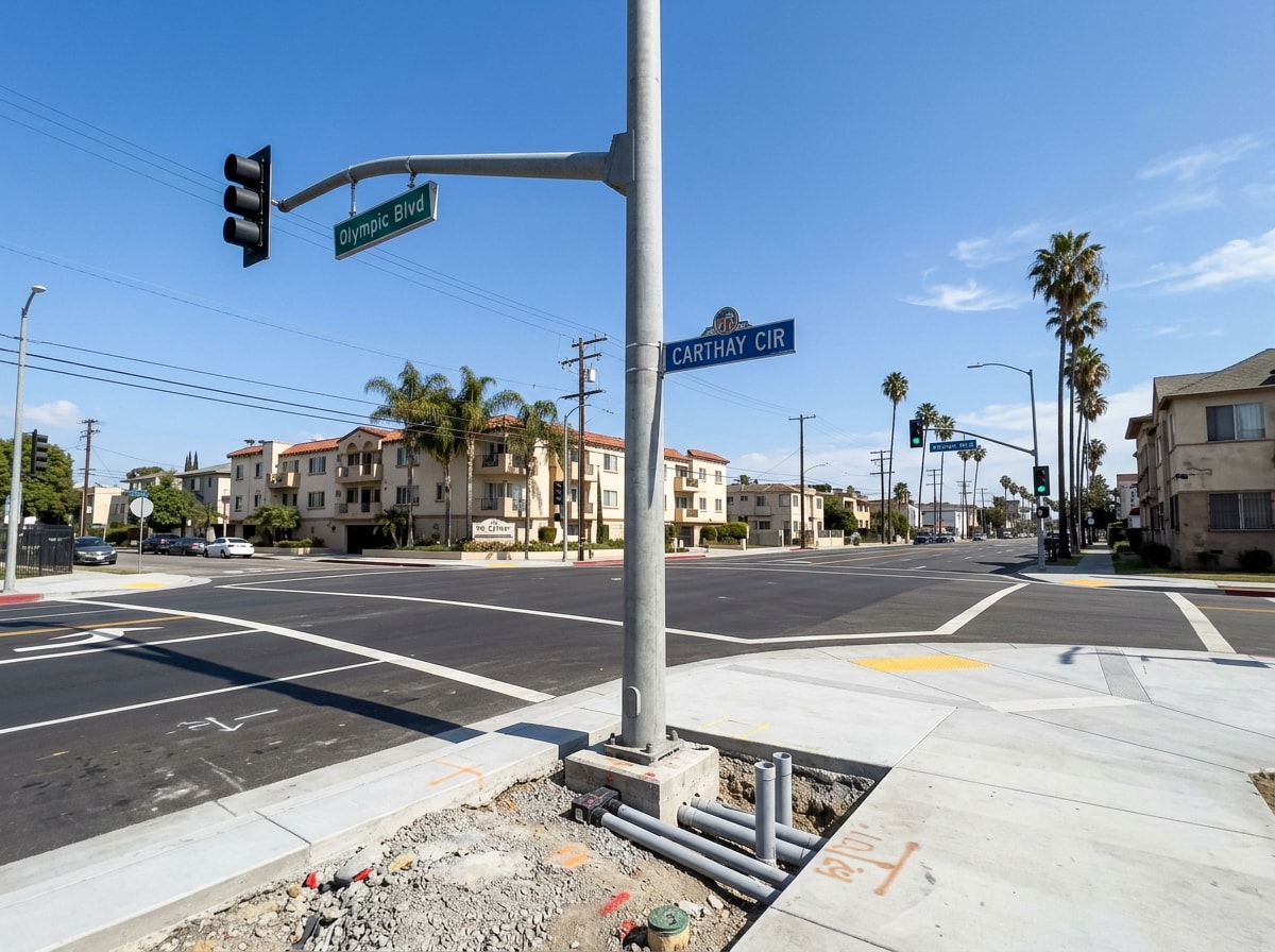 LADOT-style street lighting and traffic signal installation in a Los Angeles County right-of-way