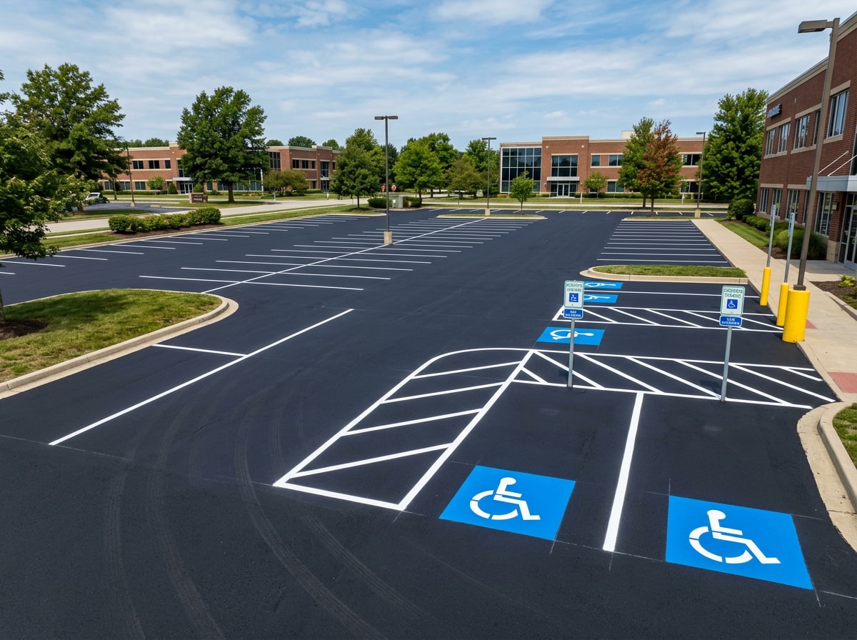 Freshly striped commercial parking lot with ADA-compliant accessible parking markings