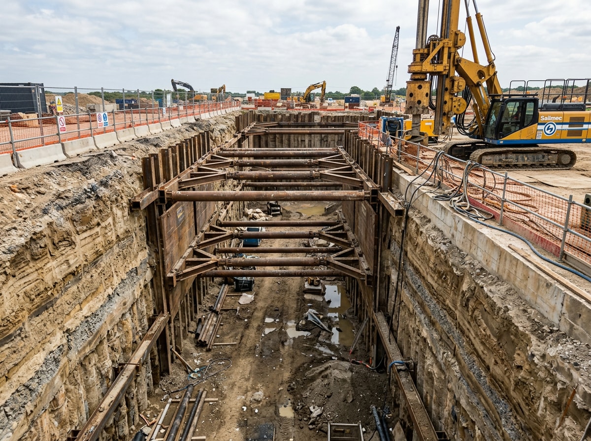 Drilling and shoring equipment stabilizing an excavation site before foundation work