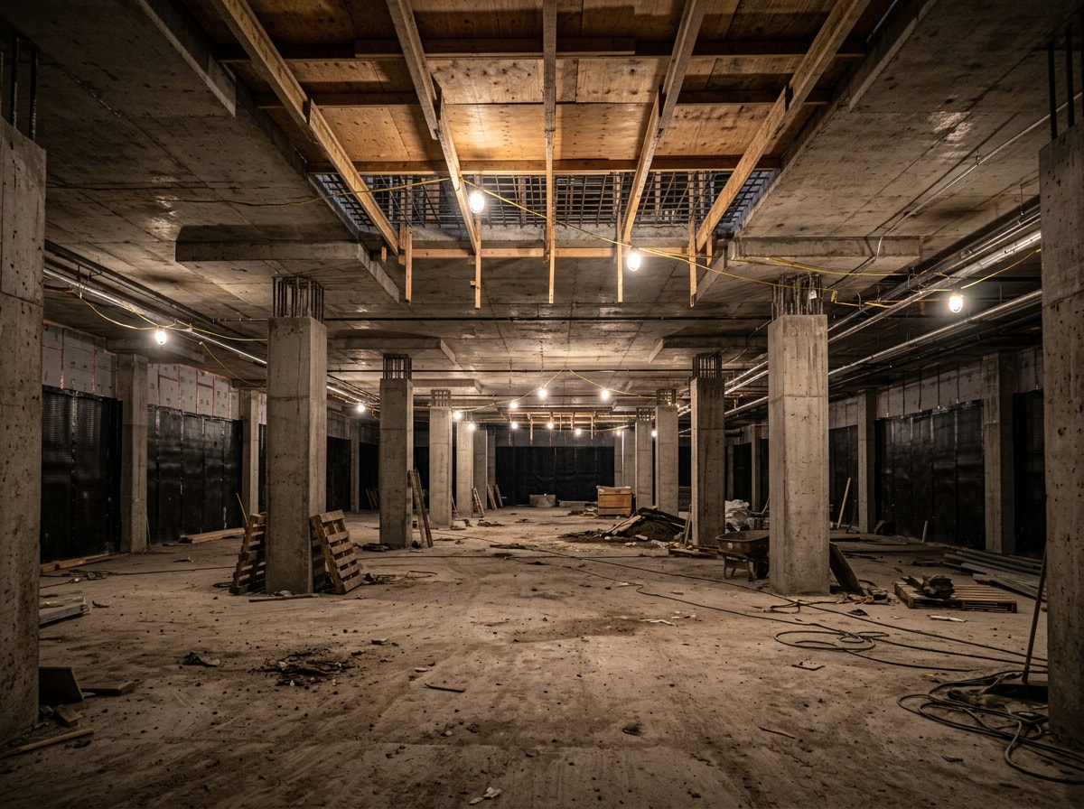 Underground parking garage structure under construction below a commercial building