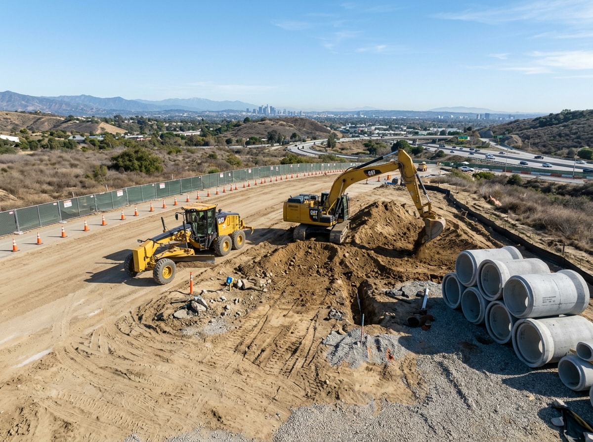 Civil construction crew and equipment on an active Los Angeles County job site