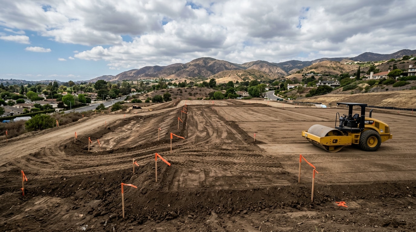 Graded construction site with compaction equipment in Los Angeles County