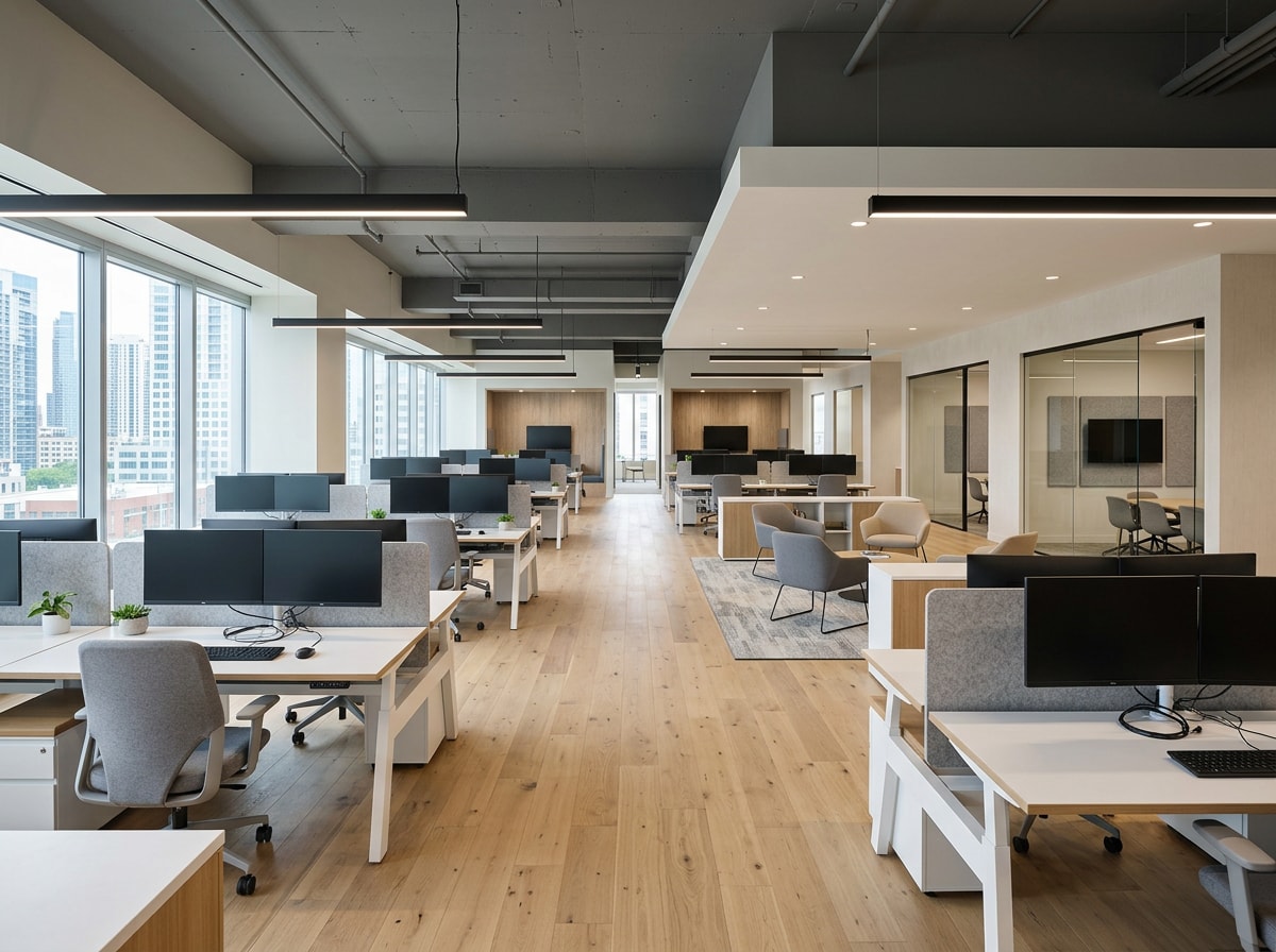 Finished modern office interior after a commercial remodel, with open workstations, new flooring, and updated lighting
