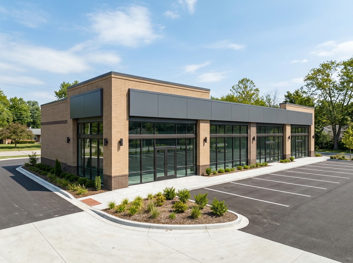 Completed single-story commercial retail building exterior with new storefront glazing and signage band