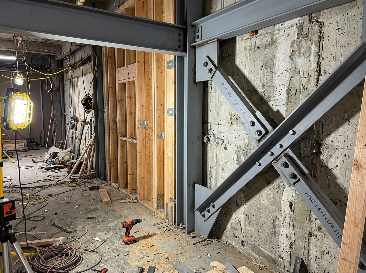 Interior shot of a newly reinforced commercial building wall showing steel bracing installed during a structural retrofit