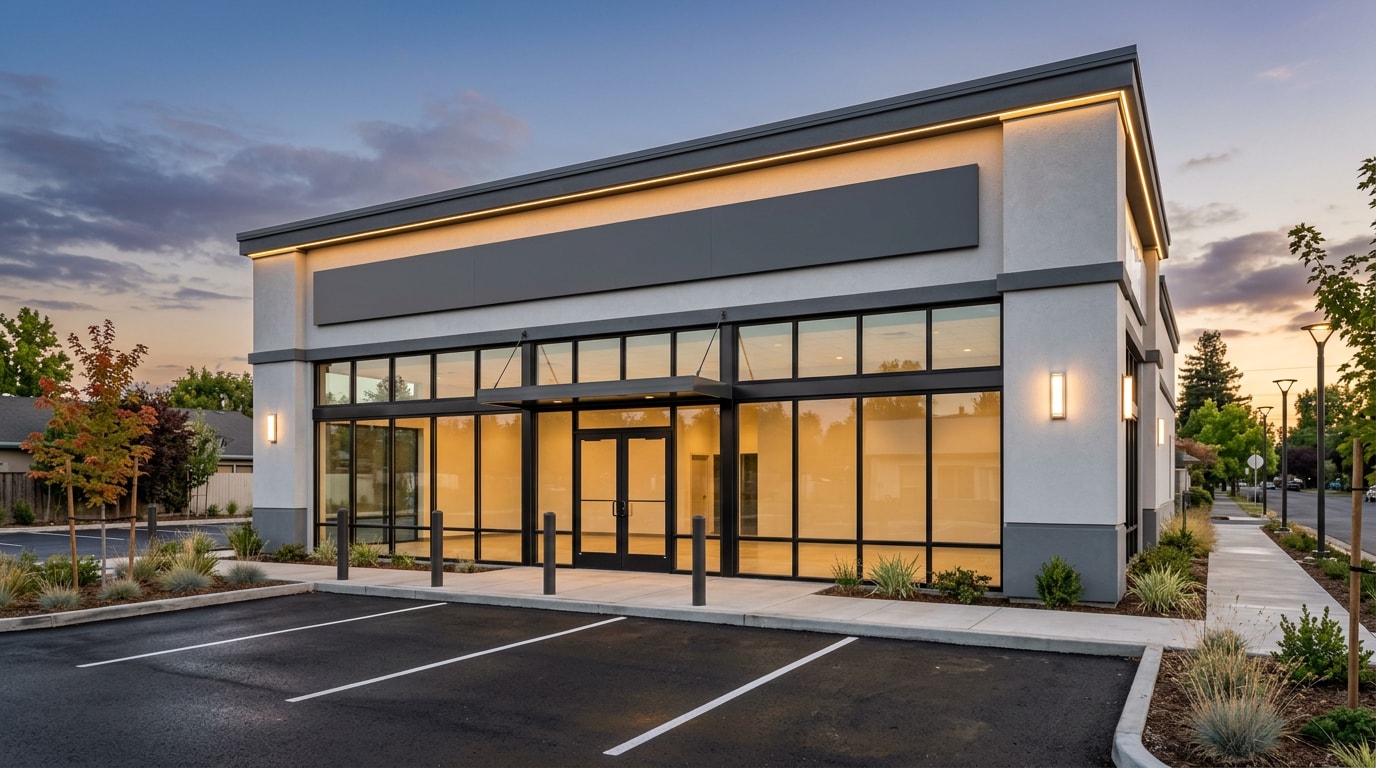Finished commercial storefront renovation with new glazing and exterior finishes
