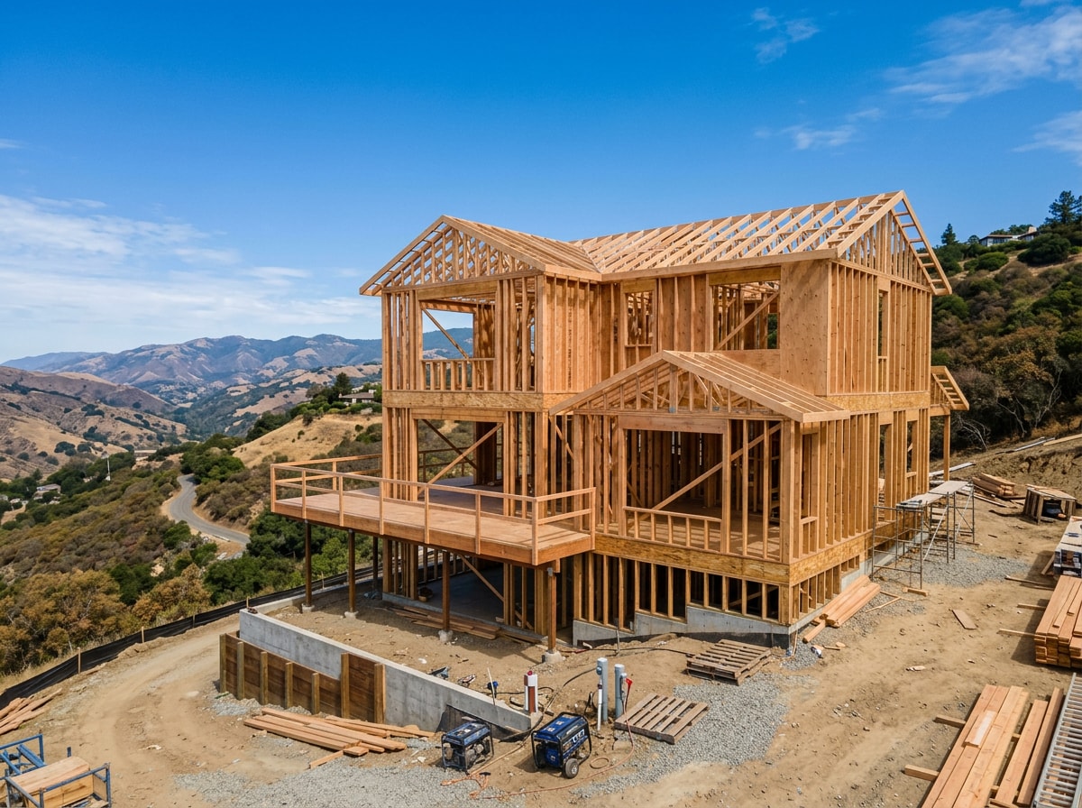 Completed wood-frame structure of a custom home under construction on a Ventura County hillside lot