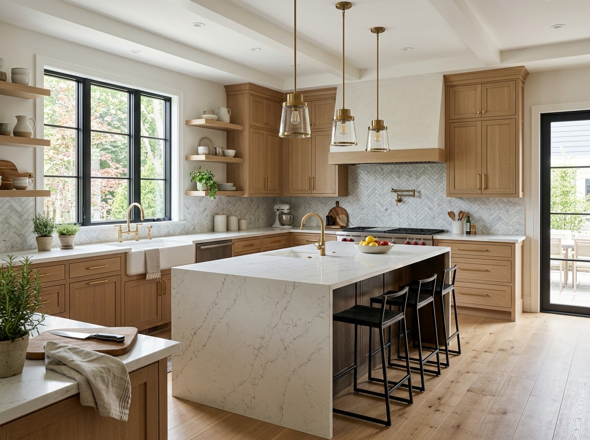 Finished custom kitchen with custom cabinetry, stone countertops, and a center island in a Ventura County home