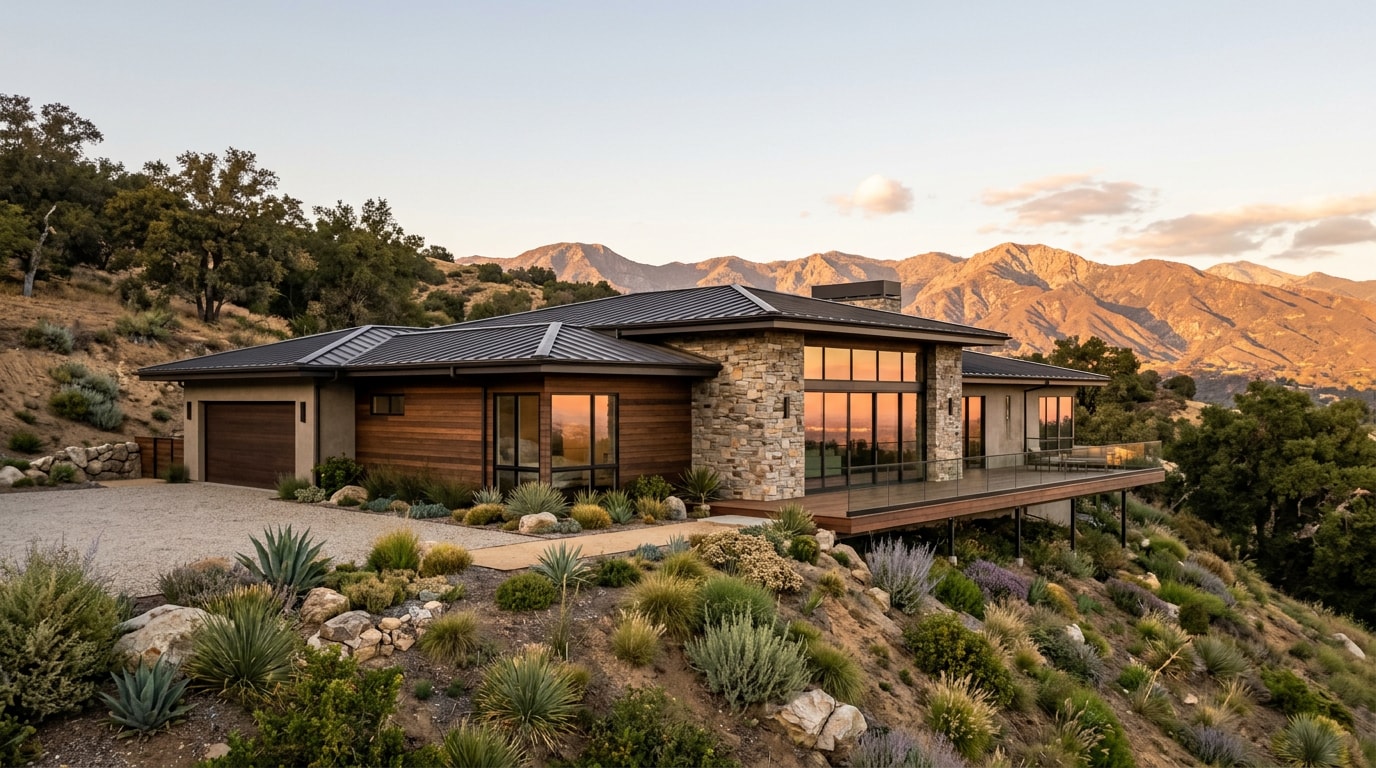 Custom-designed hillside home exterior in La Canada Flintridge, CA reflecting foothill architectural style Custom-designed hillside home exterior in La Canada Flintridge, CA reflecting foothill architectural style