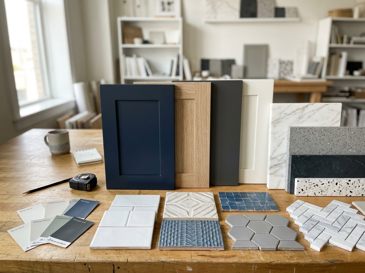 Homeowner selecting custom finishes and materials with an interior designer for a Ventura County custom home