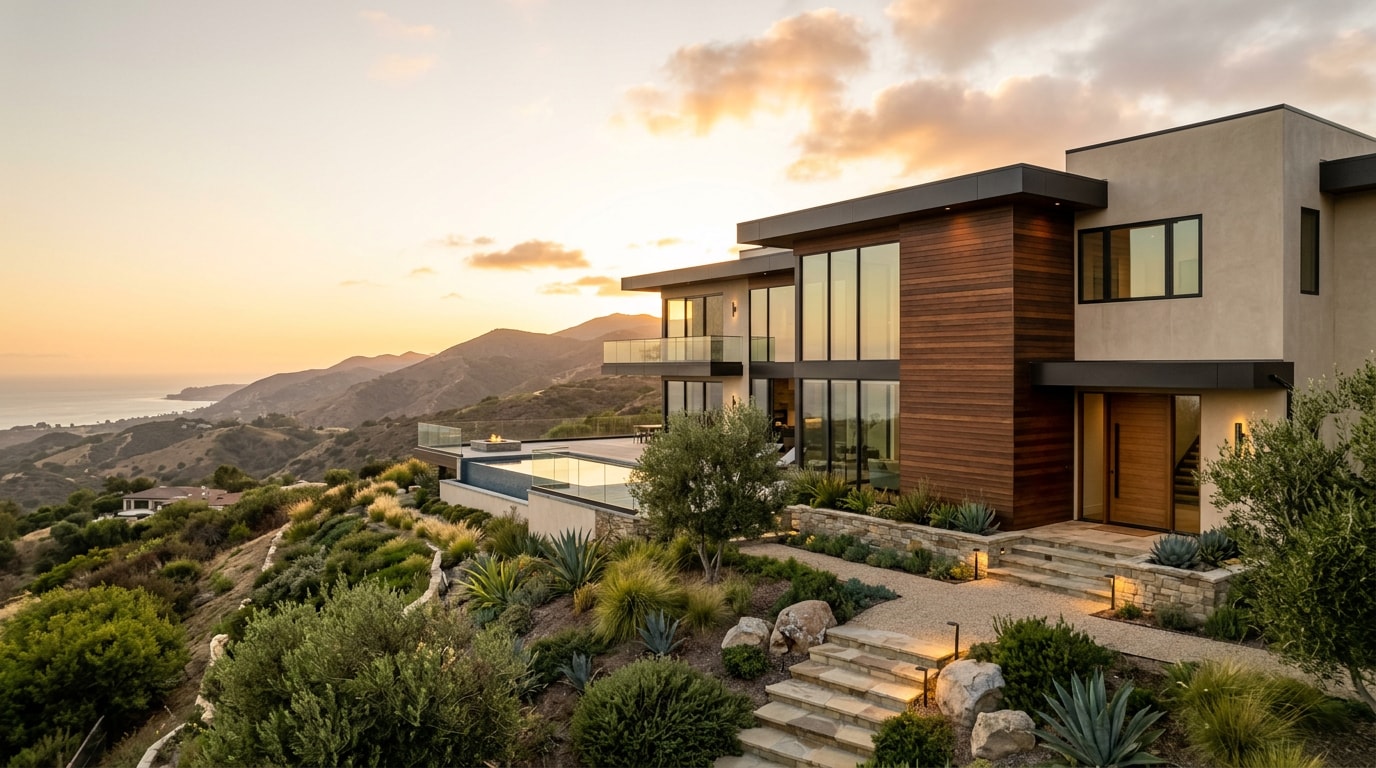 Finished custom home exterior on a hillside lot in Ventura County, California Finished custom home exterior on a hillside lot in Ventura County, California