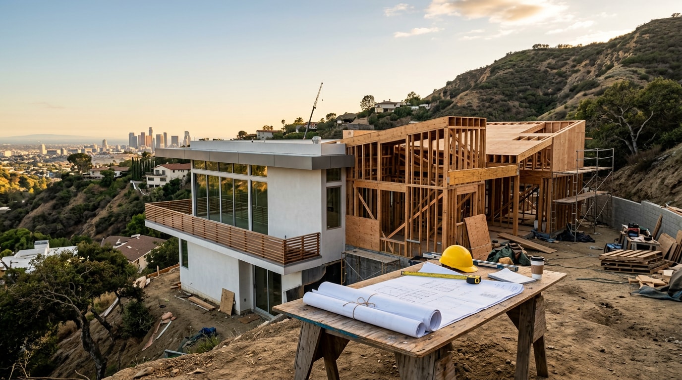 Modern hillside home renovation project in Los Angeles County showing finished construction and design elements