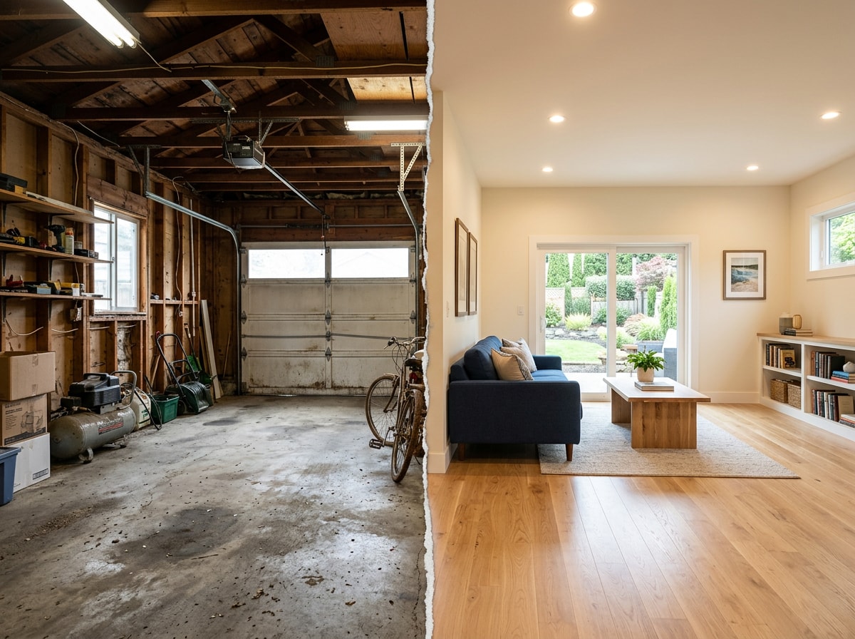 Before and after photo of a Granada Hills garage conversion into a living space