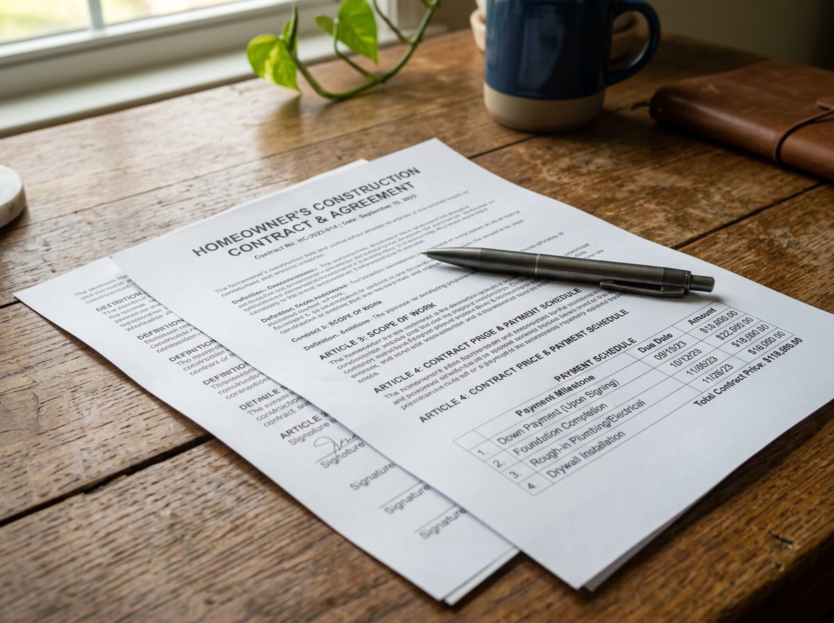 Homeowner and contractor reviewing a signed construction contract at a desk in Ventura County