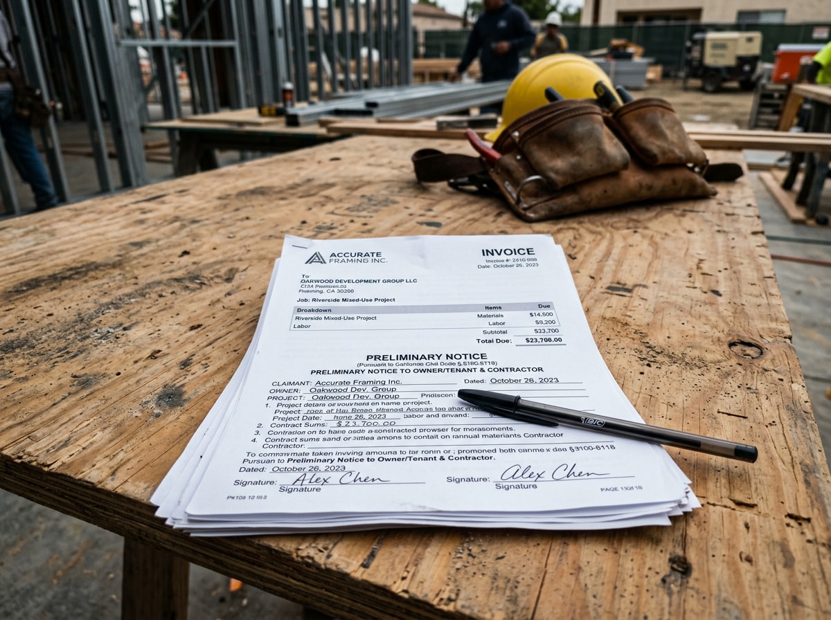 Close-up of construction payment documents and a preliminary notice form on a job site table