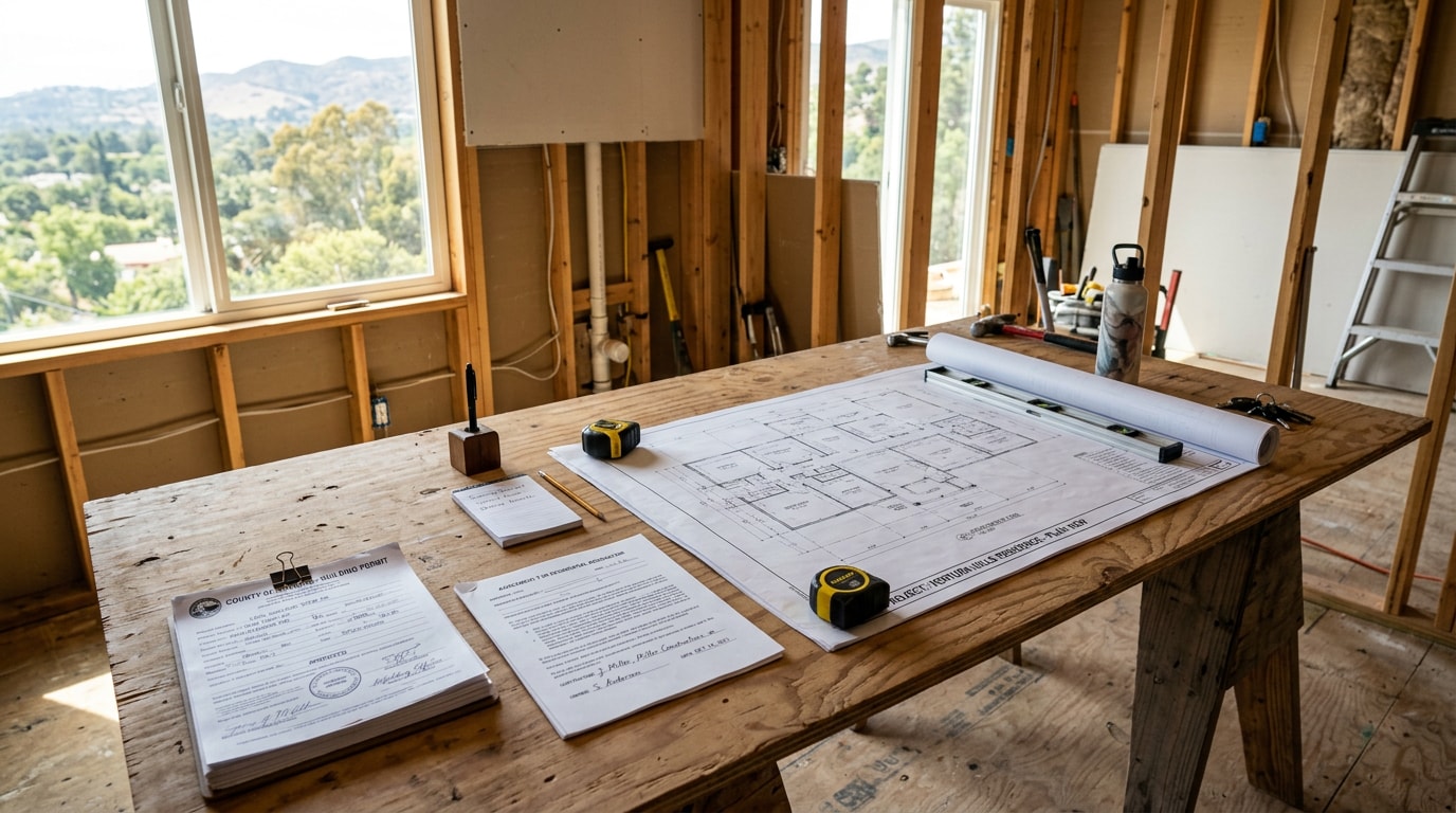 Construction contract and permits on a desk at a Ventura County home renovation site