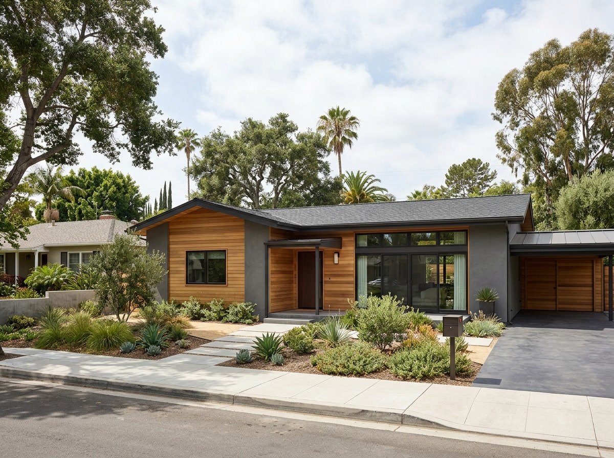 Finished ranch-style home renovation exterior with new siding and roofline in a San Fernando Valley neighborhood