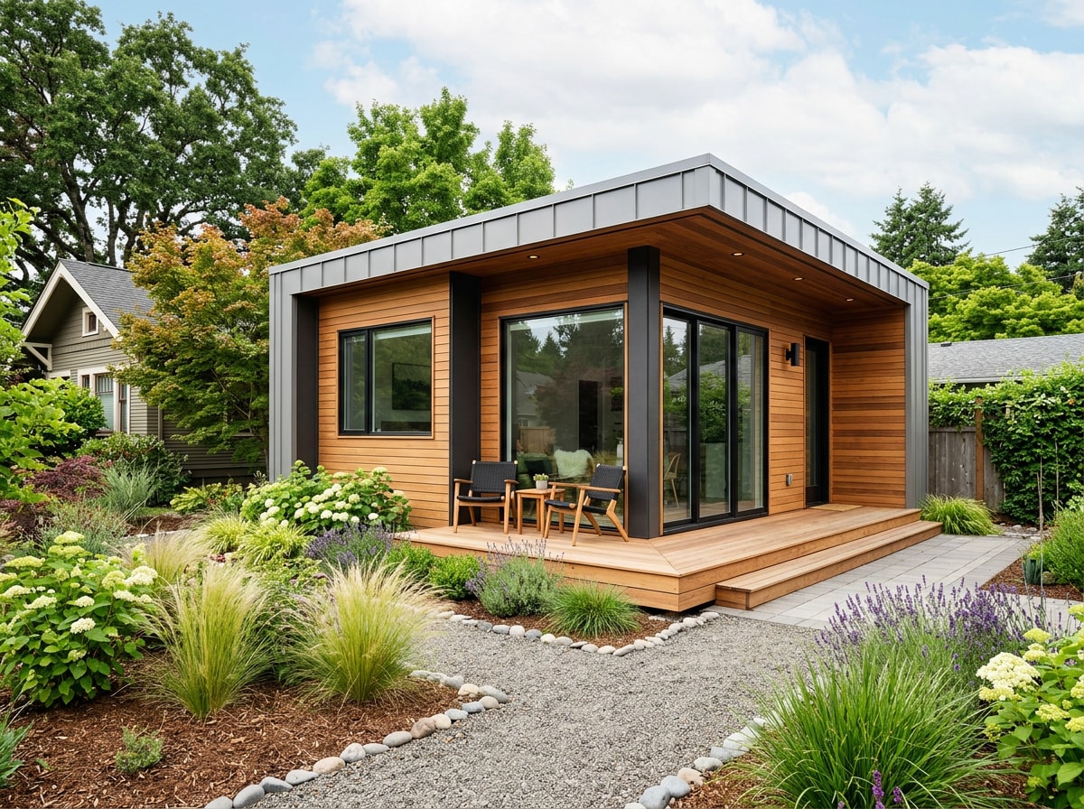 Newly completed ADU exterior with finished siding and deck in a Granada Hills backyard