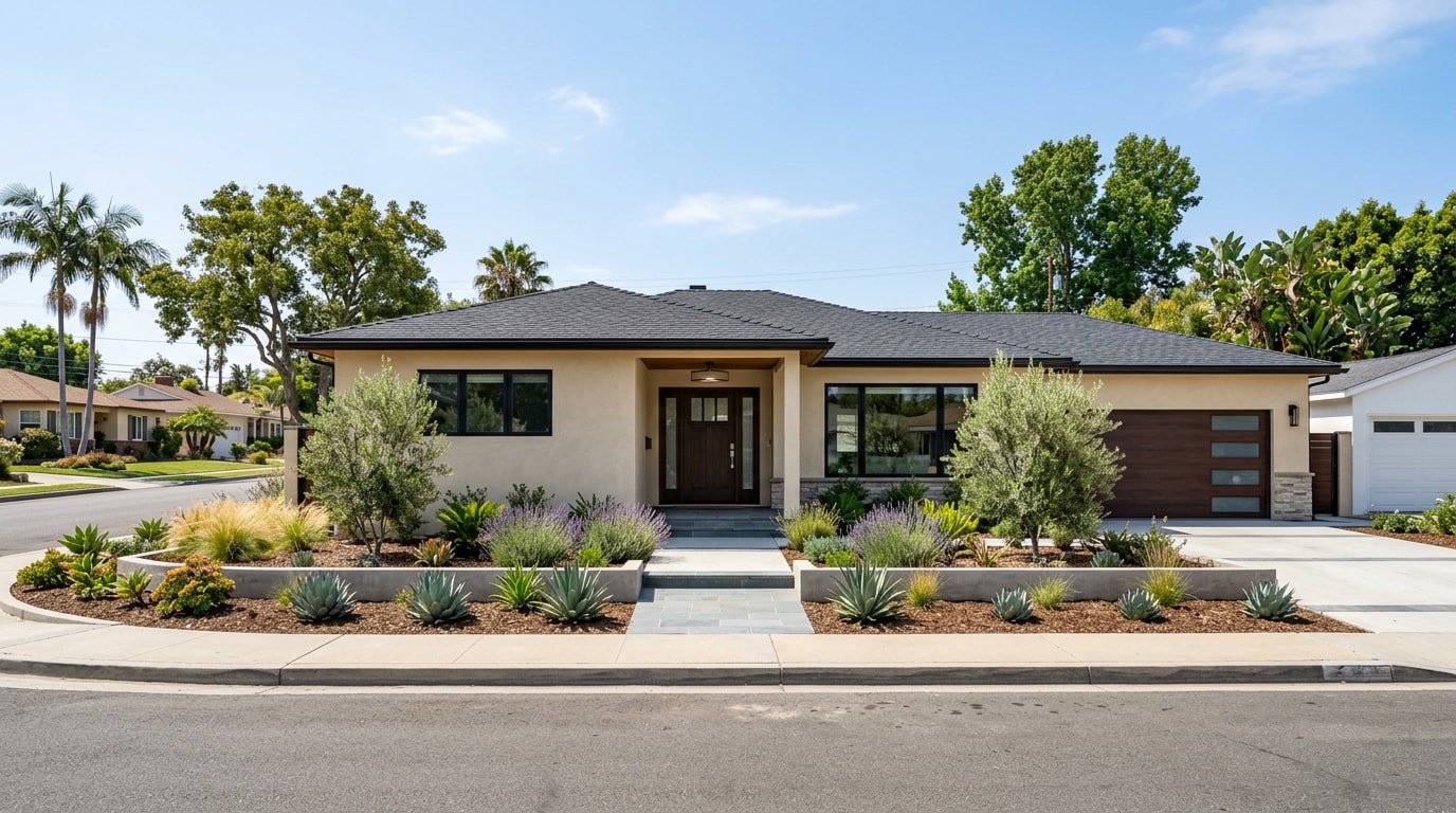 Renovated ranch-style home exterior representing general contractor work in Granada Hills, CA Renovated ranch-style home exterior representing general contractor work in Granada Hills, CA