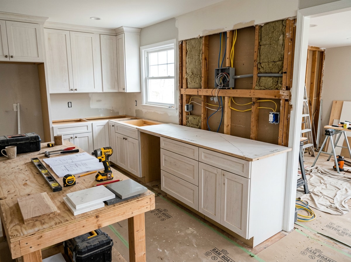 General contractor overseeing a kitchen remodel in North Hollywood, CA with new cabinets and countertops installed