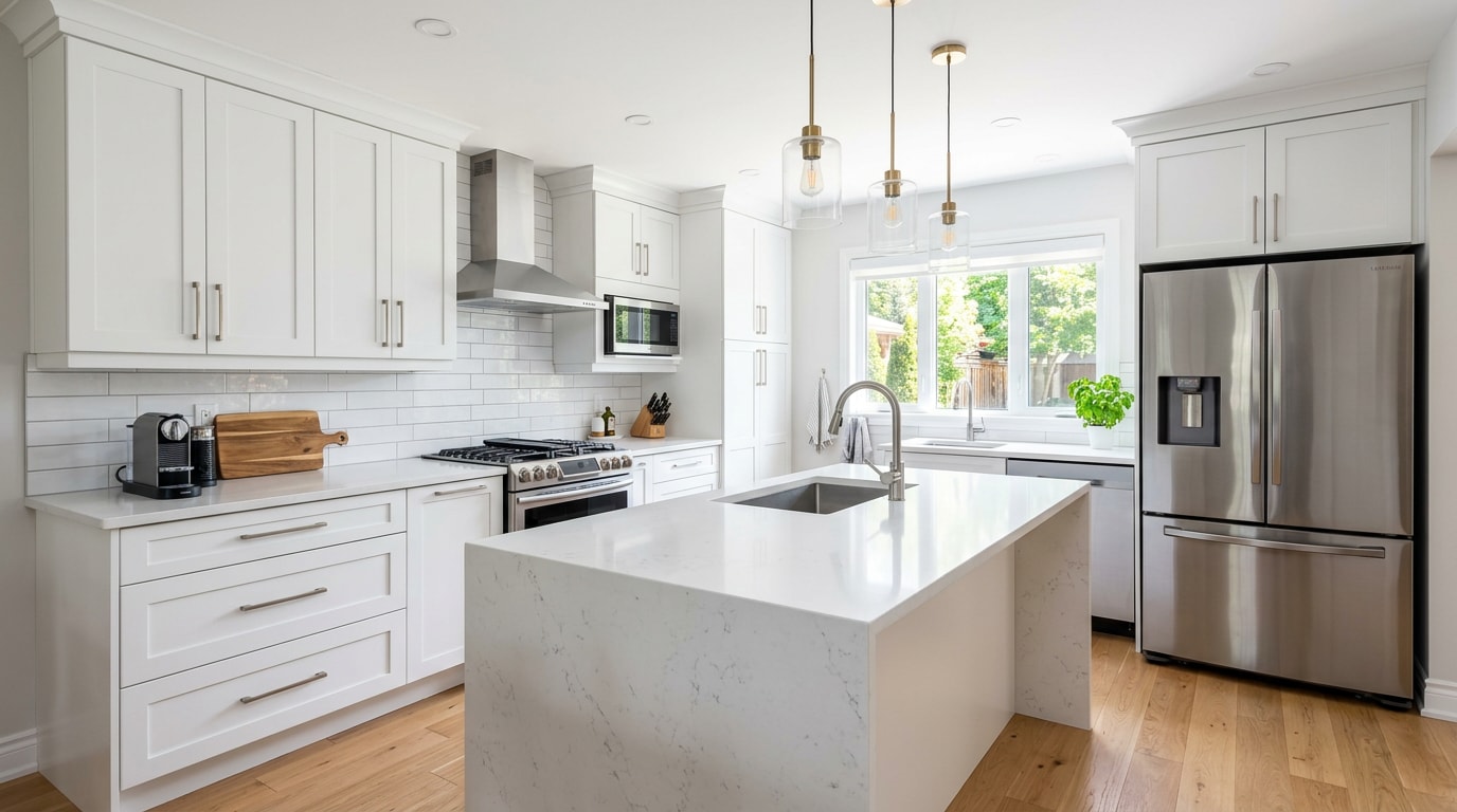 Finished general contractor kitchen remodel in North Hollywood, CA with white cabinets and quartz countertops