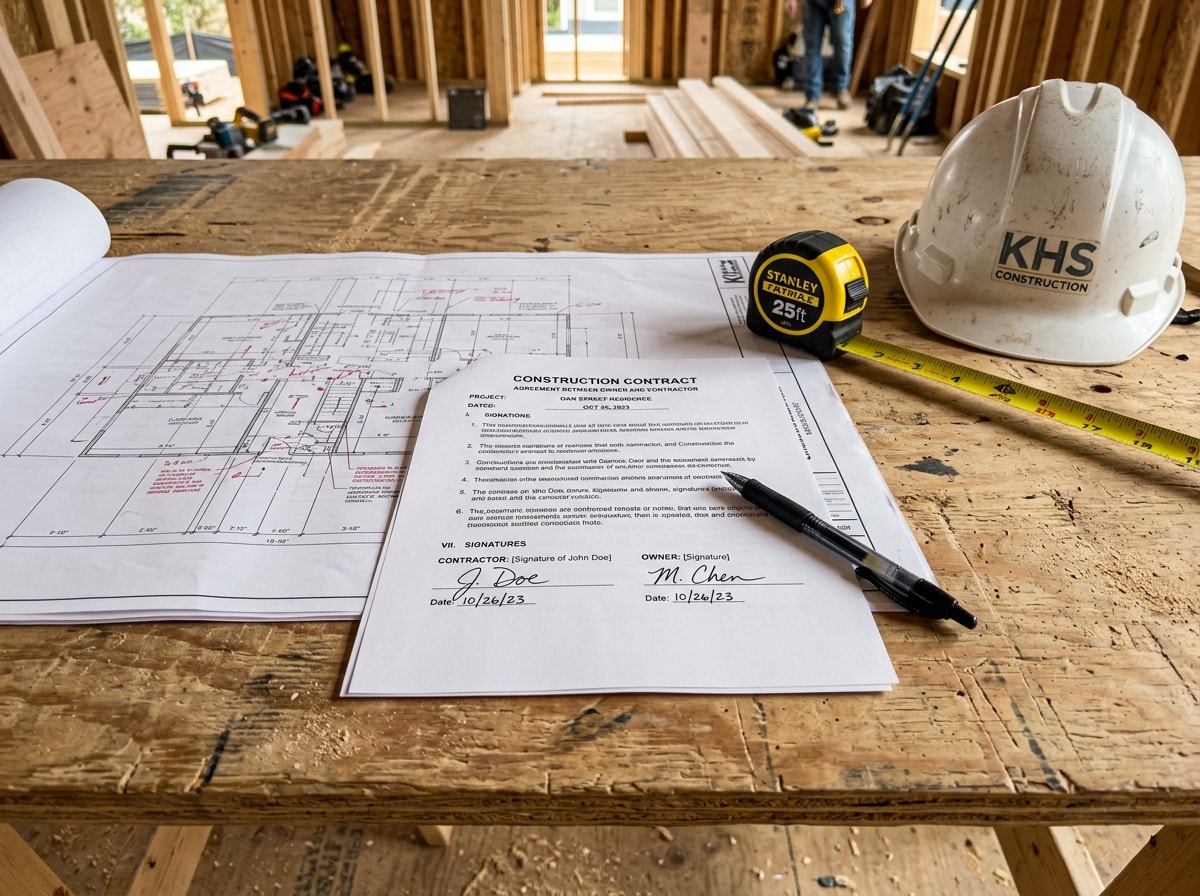 Construction contract and blueprints laid out on a job site desk