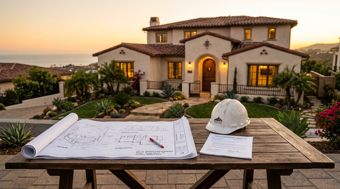 Completed Orange County home with construction contract and blueprints in foreground