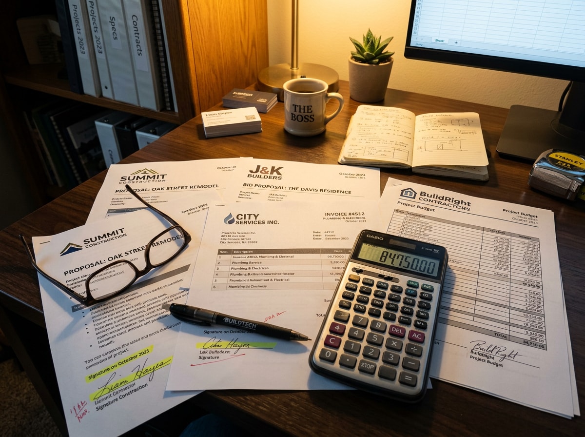 A contractor's desk with printed construction bids, a calculator, and a pen laid out for comparison, no people visible