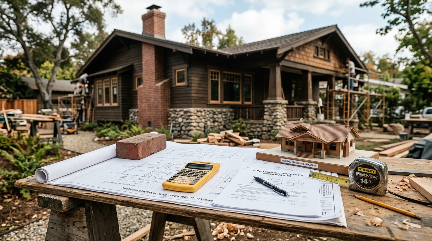 Blueprints, calculator, and contract on a table at a Pasadena home renovation site Blueprints, calculator, and contract on a table at a Pasadena home renovation site