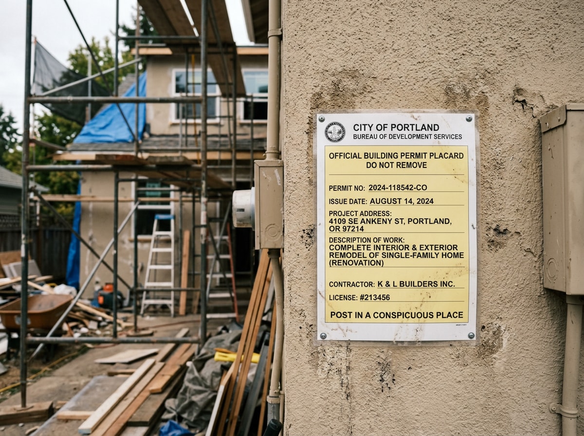 Building permit placard posted on the exterior wall of a home under renovation
