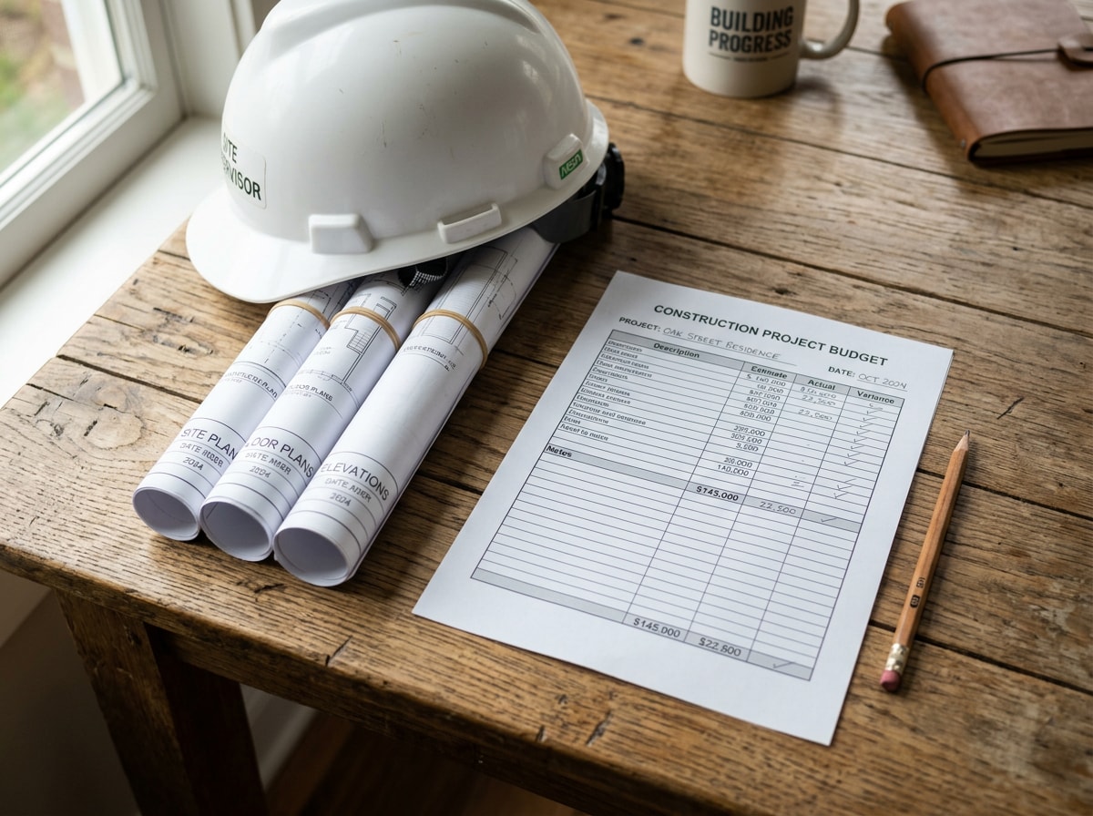 Contractor's hard hat and rolled blueprints resting on a construction budget worksheet