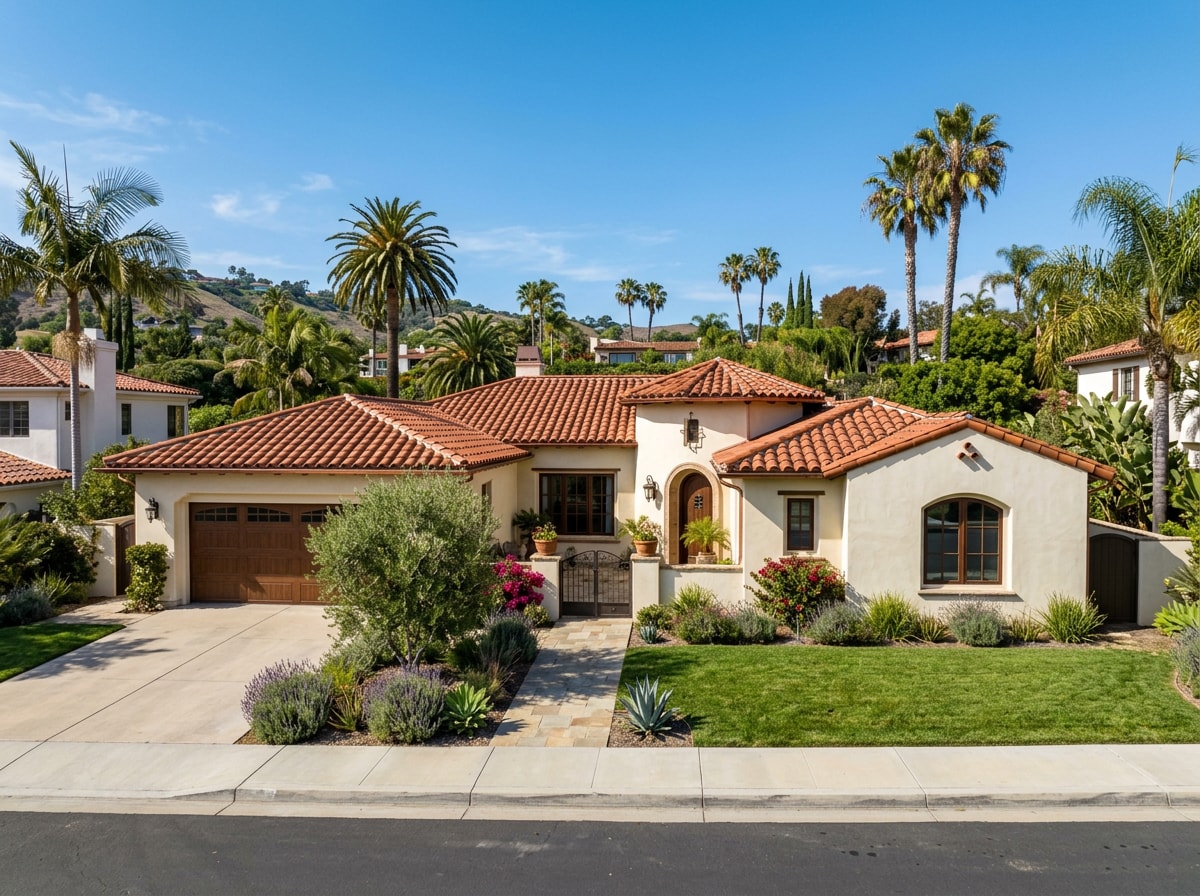 Completed clay tile roof replacement on a Spanish-style home in Orange County, CA