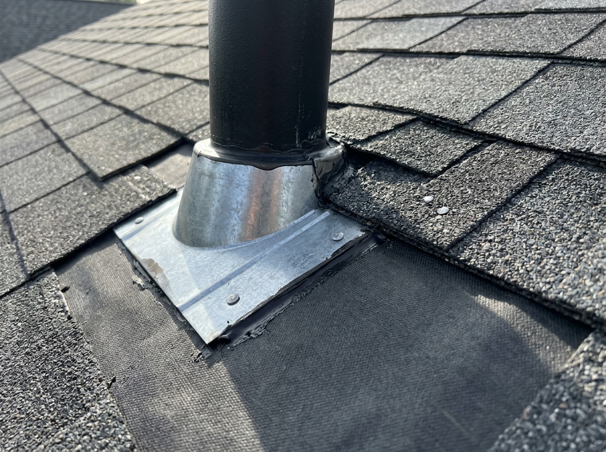 Close-up of properly installed roof flashing and underlayment on a residential reroof project