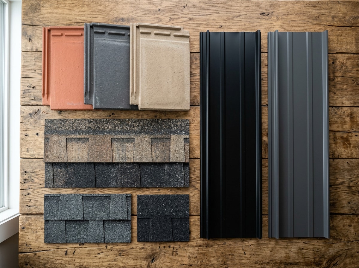 Sample roofing material swatches including tile, shingle, and metal options for cost comparison