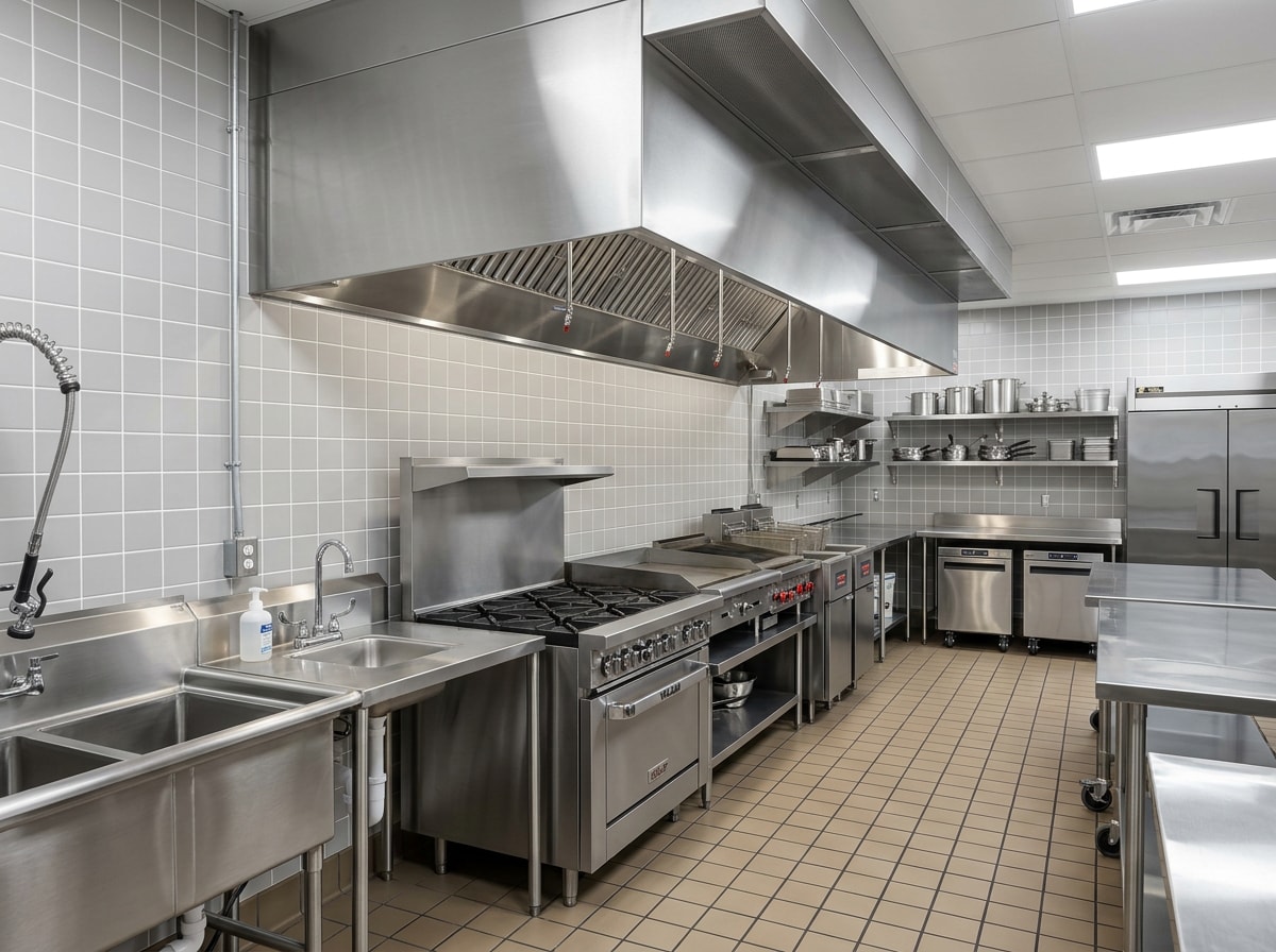 Commercial kitchen build-out with stainless steel equipment and exhaust hood ventilation