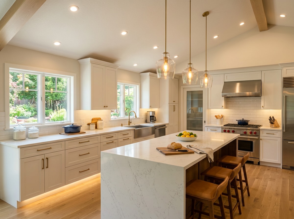 Kitchen with recessed ceiling lighting, under-cabinet lighting, and pendant lights over an island