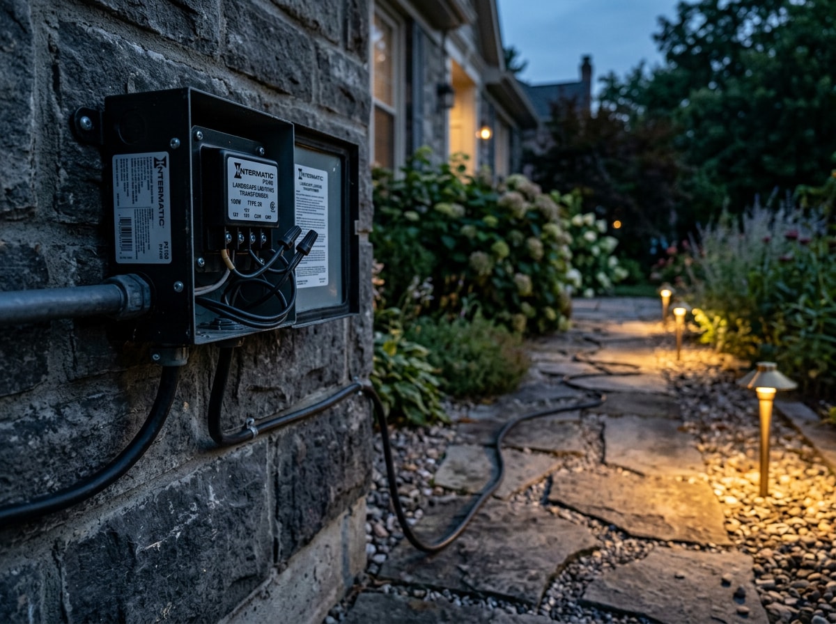 Low-voltage landscape lighting transformer and wiring connected to path lights along a stone walkway