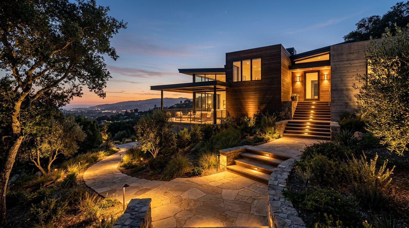 Custom outdoor lighting illuminating a walkway and landscaping on a Glendale, CA home at dusk Custom outdoor lighting illuminating a walkway and landscaping on a Glendale, CA home at dusk