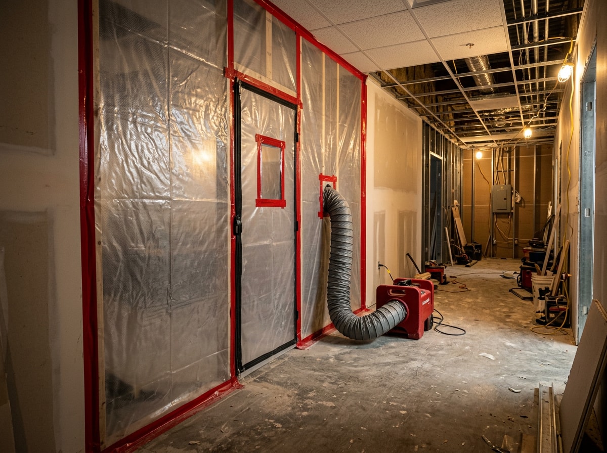 Infection control risk assessment containment barrier with HEPA filtration during a medical office construction project in Los Angeles County