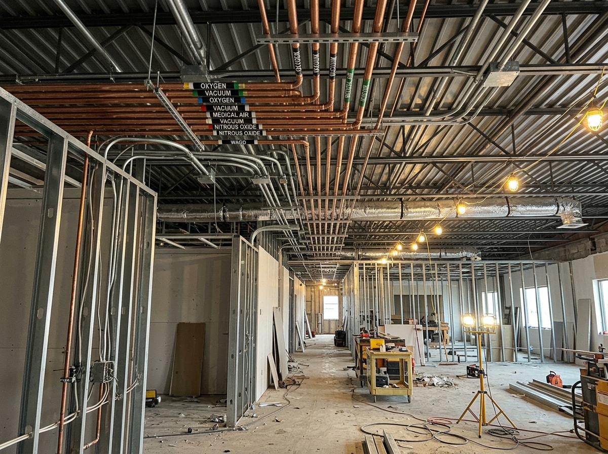Medical office tenant improvement construction site showing MEP rough-in and medical gas line installation