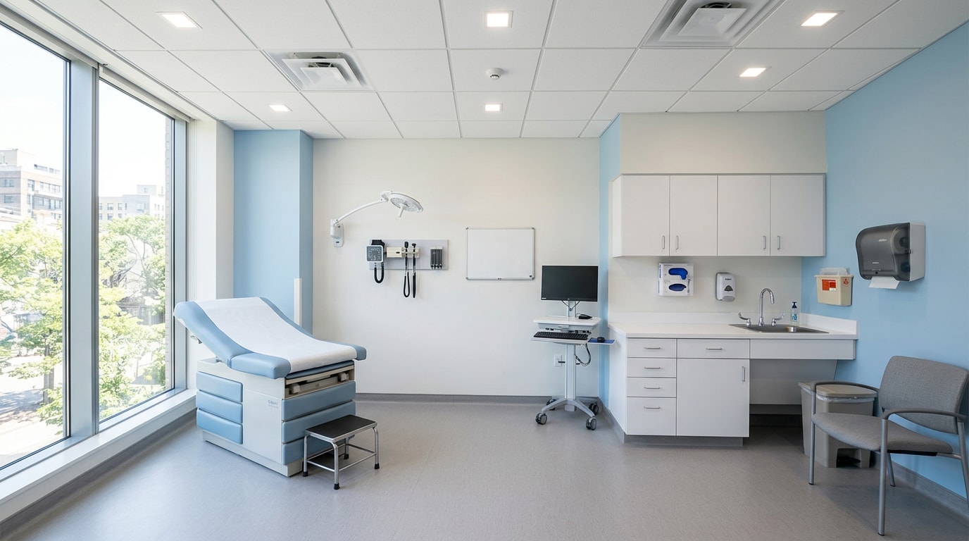 Finished modern medical office exam room built to healthcare construction standards Finished modern medical office exam room built to healthcare construction standards